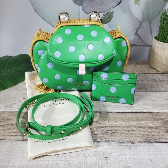 kate spade Handbags - KATE SPADE | Lily Polka Dot Wicker 3D Frog Crossbody w/ Card Holder 2-pc Set